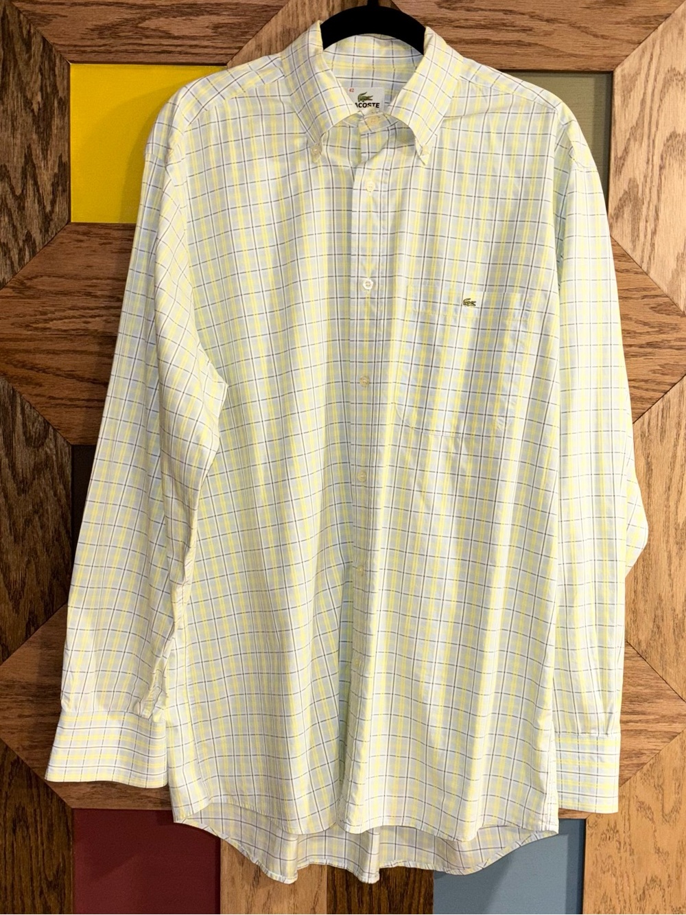 Lacoste Men’s Shirt Yellow Blue Plaid 100% Cotton Long Sleeve Button Down 42/L